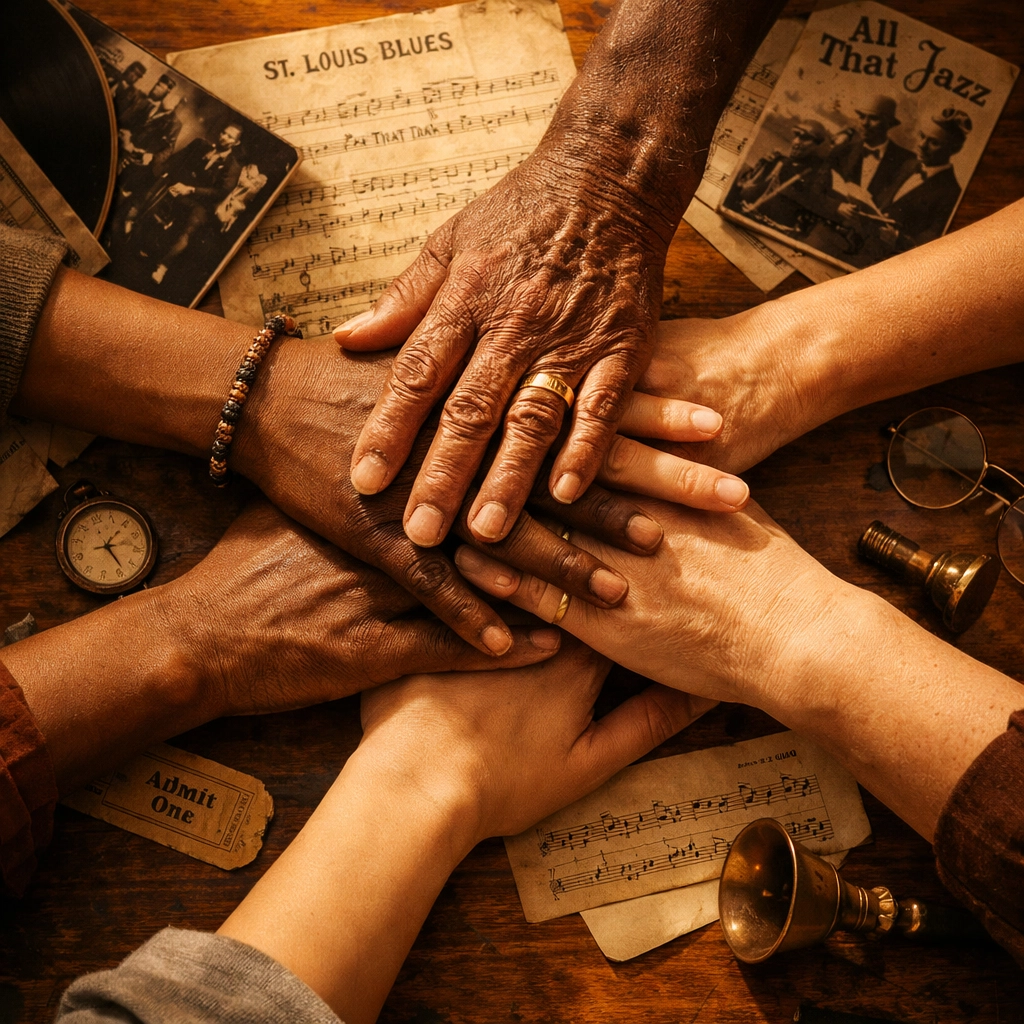 Diverse hands united over vintage jazz sheet music representing 15 years of Arizona jazz community collaboration