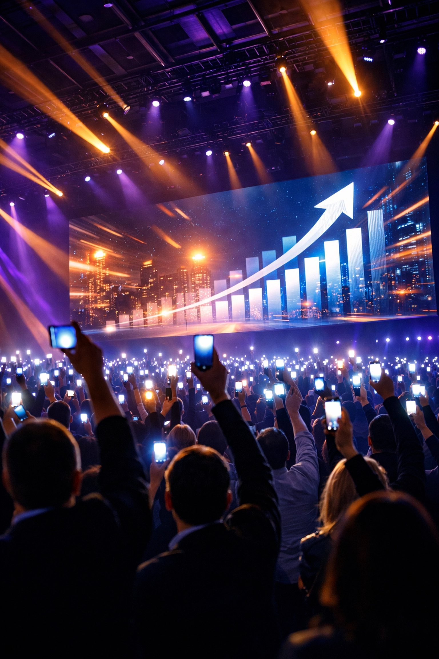 Corporate event audience engagement with interactive smartphone participation and professional lighting