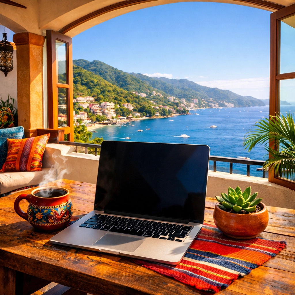 Remote work desk in a Puerto Vallarta condo with views of Banderas Bay and the lush Amapas hills.