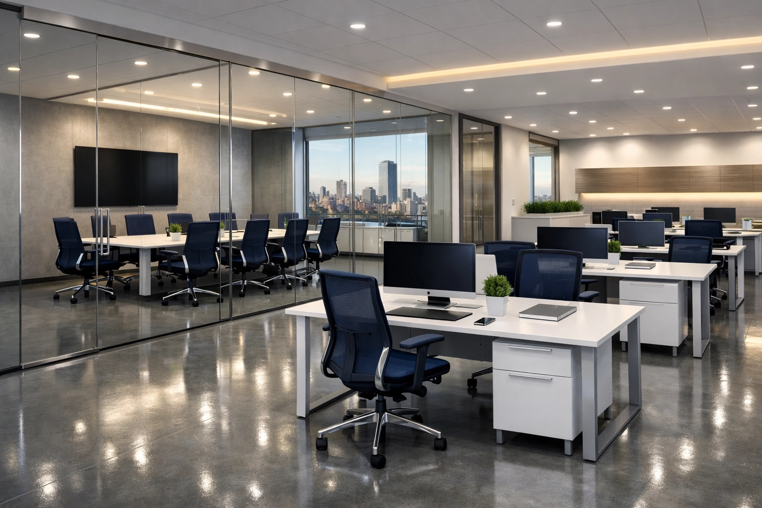 Clean modern corporate office suite with polished floors after professional commercial cleaning.