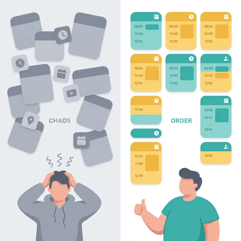 Comparison of chaotic overlapping appointments versus organized calendar to show double booking prevention