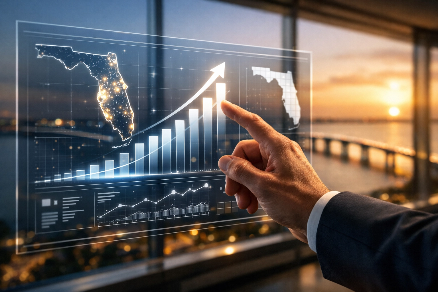 A professional analyzing Sarasota local SEO growth charts with the Ringling Bridge in the background.