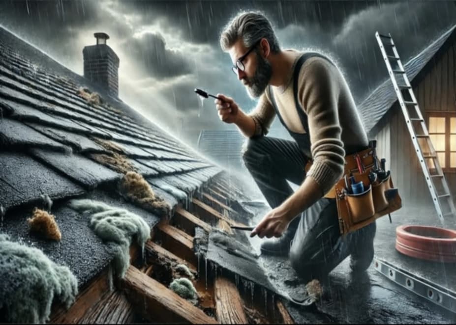 Roofer conducting a detailed roof inspection in heavy rain