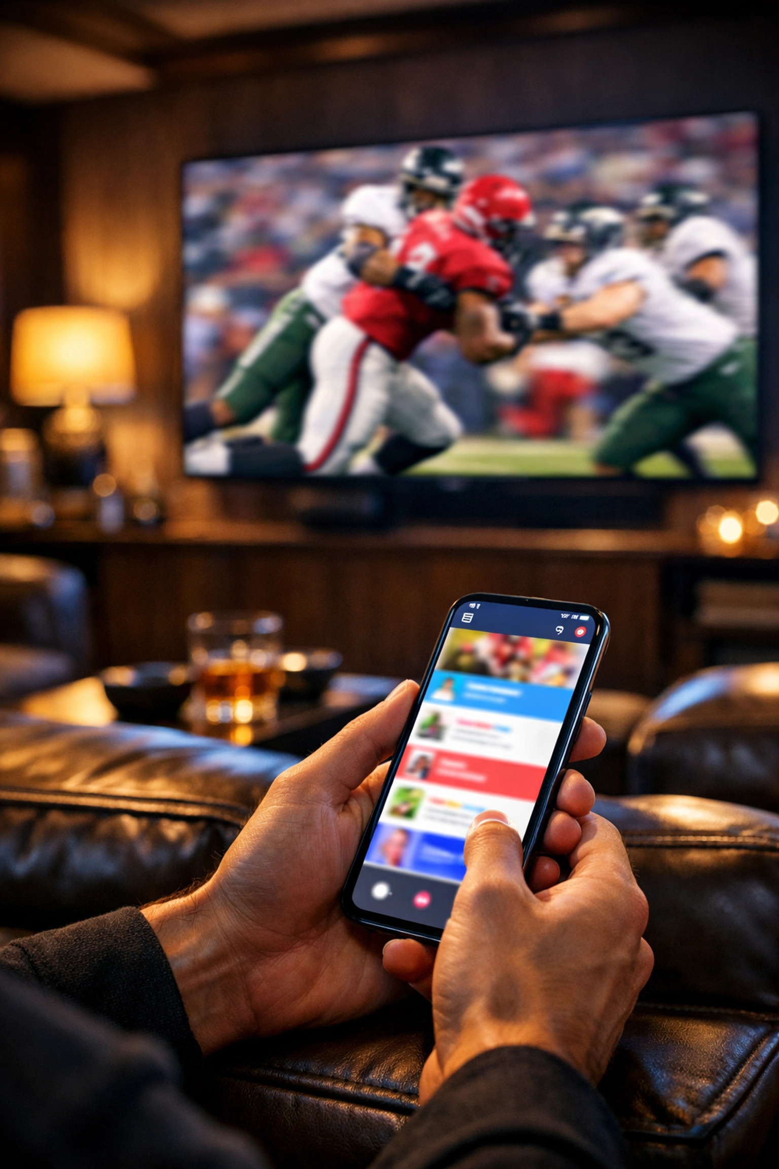 The Ultimate Guide to Super Bowl Sports Marketing: Everything You Need to Succeed Luxury second-screen engagement experience showing a fan using a smartphone during the Super Bowl game.