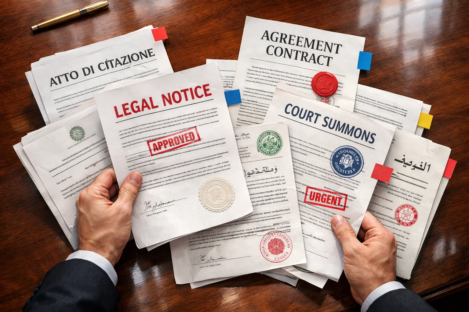 Legal professional reviewing conflicting documents from multiple jurisdictions and countries