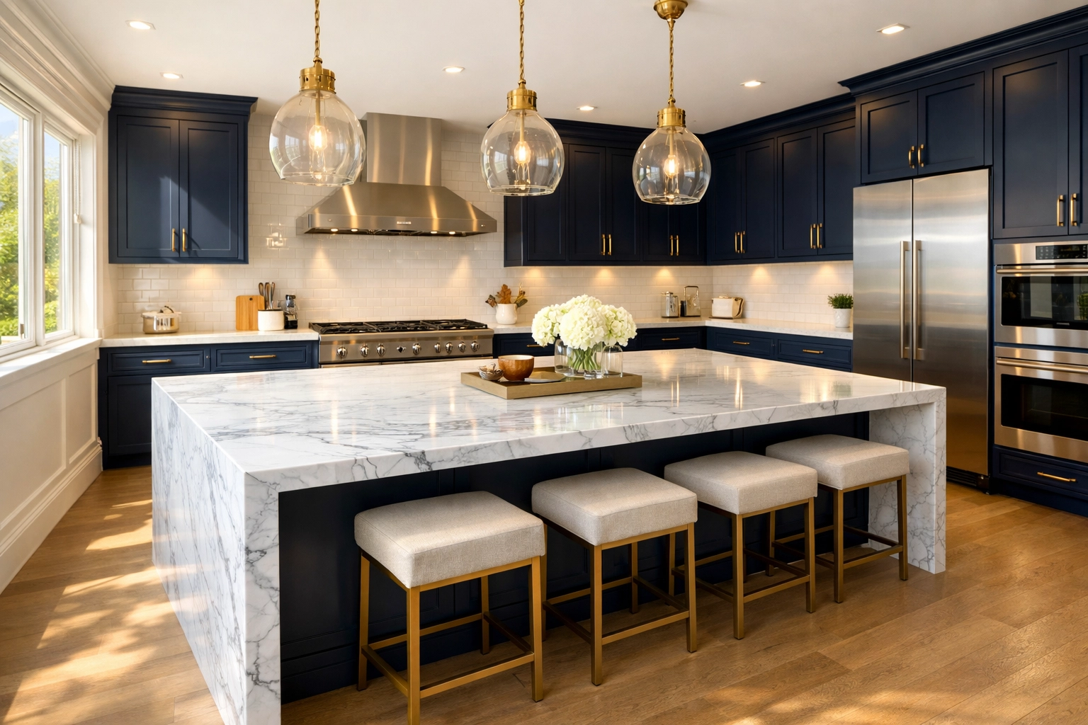 Pristine luxury kitchen in Sudbury featuring a polished marble waterfall island and navy cabinetry.