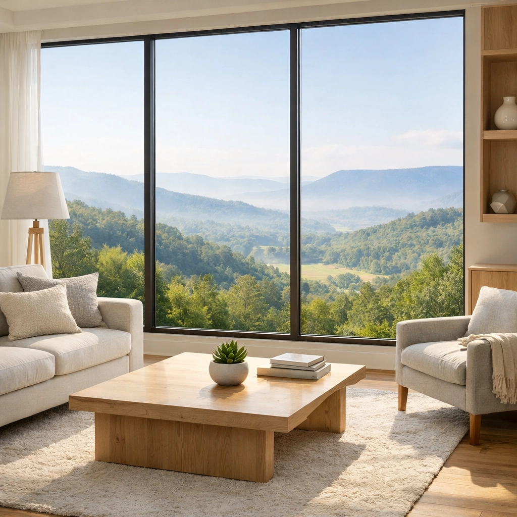 Bright modern living room in a Chattanooga home overlooking the scenic Tennessee Valley hills.