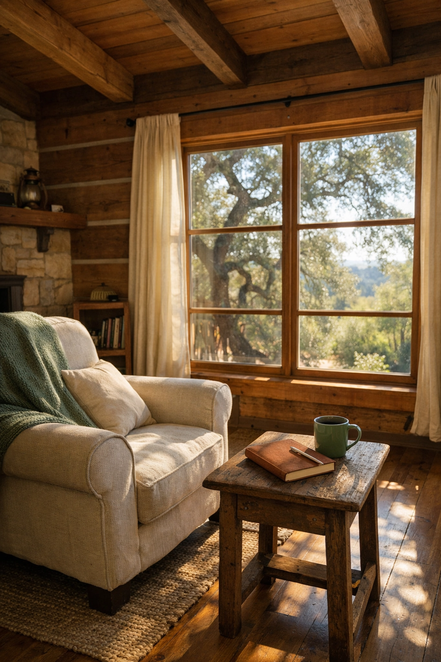 Comfortable rustic cabin interior at Texas Hill Country rehab facility