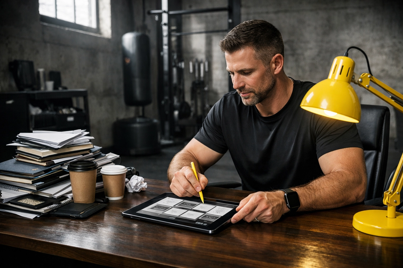 Personal trainer at a desk switching from messy notes to an organized gym business system.