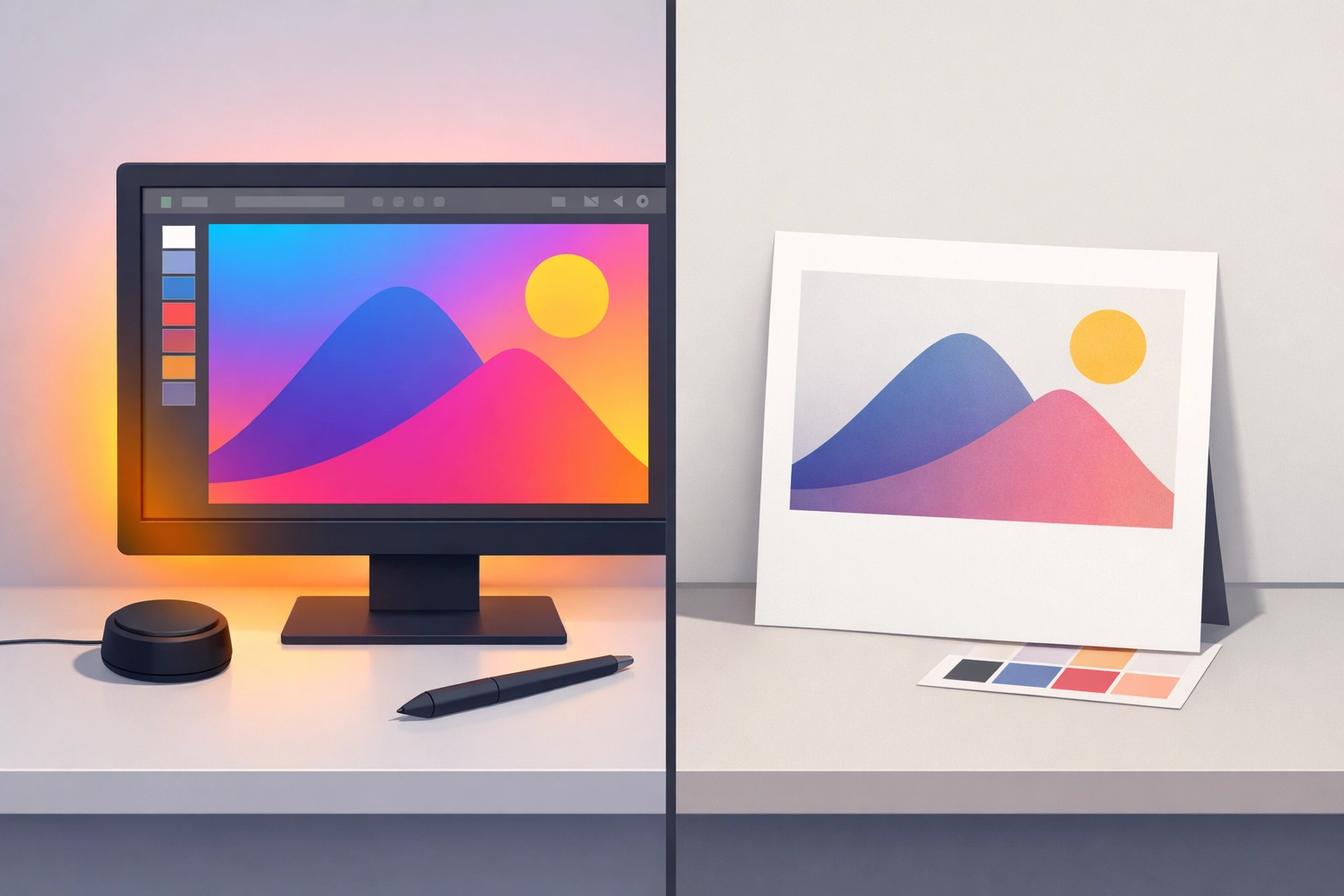 Monitor calibration tool next to computer screen showing color difference between digital and print output
