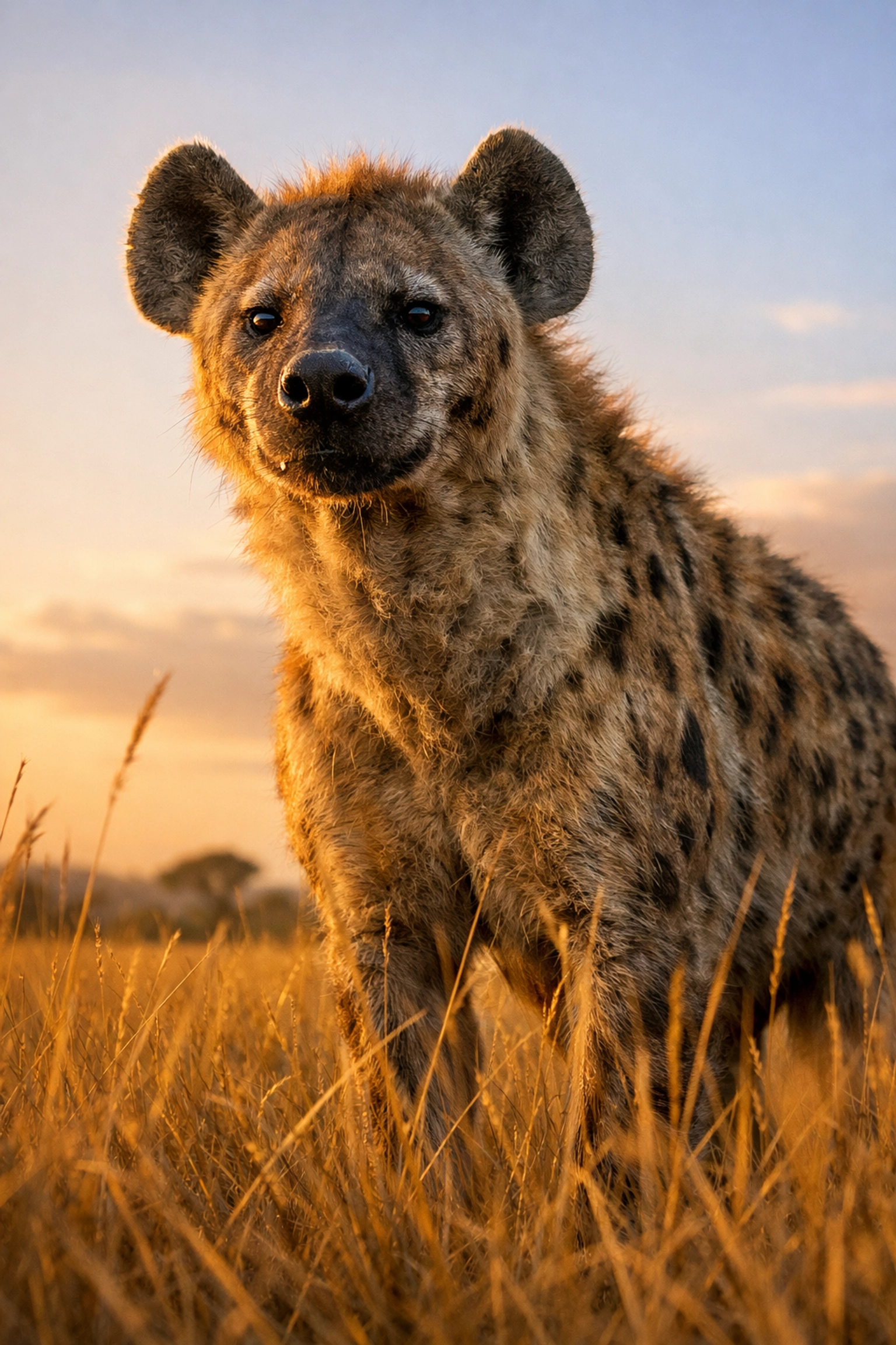 Spotted hyena in golden savanna grass illustrating engaging digital media for zoo conservation.