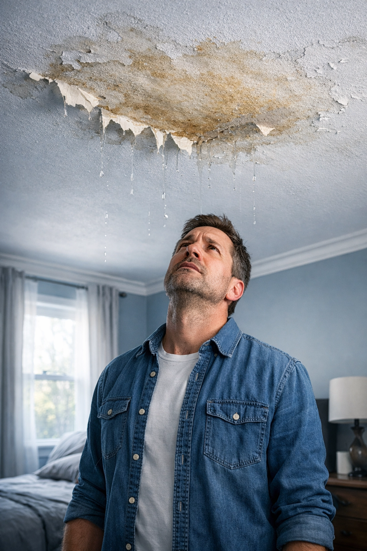 Homeowner discovering ceiling water damage from roof leak in Belfast property