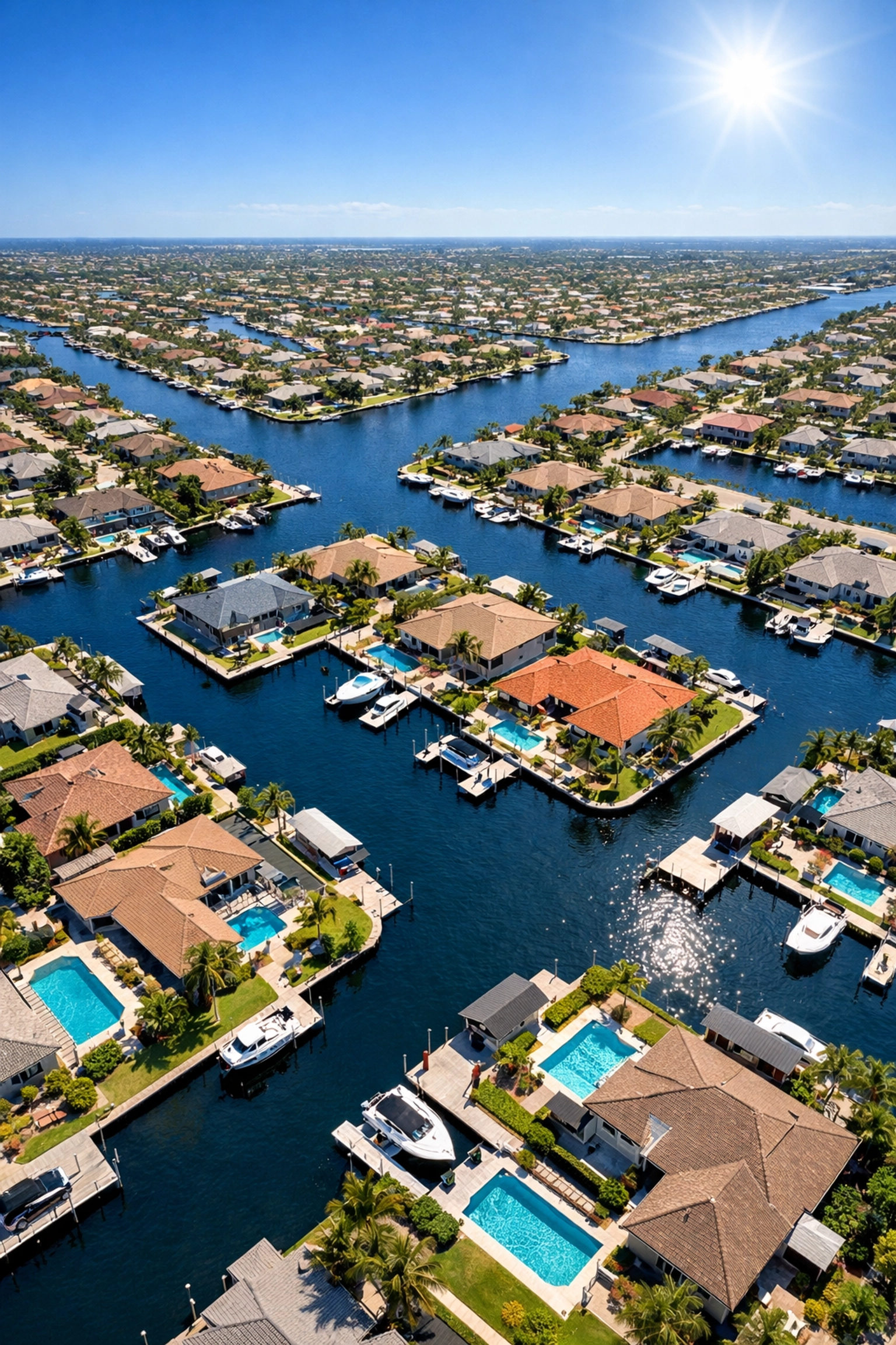Aerial view of Cape Coral quadrants showcasing the famous canal system and waterfront lifestyle.