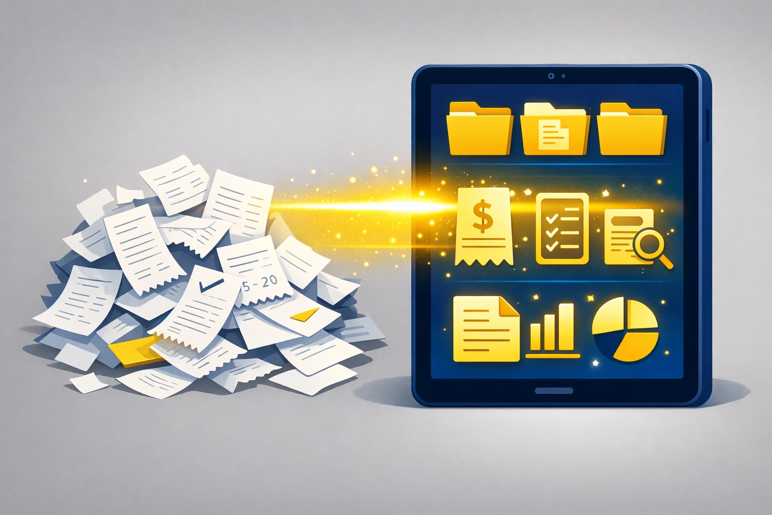 Digital scanning of paper receipts into organized, secure digital tax documents on a tablet.