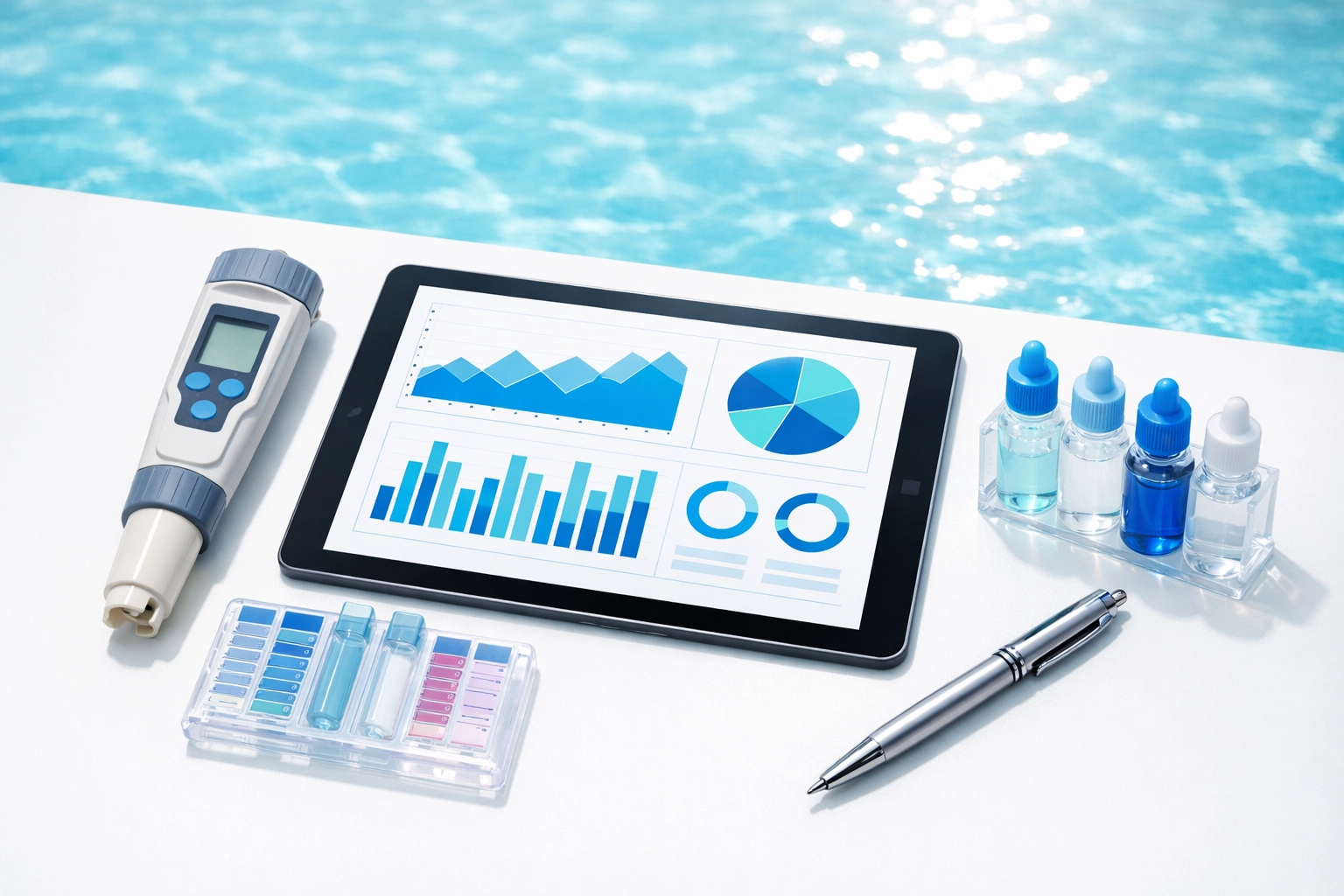 Digital dashboard and pool testing tools representing organized operations for business valuation.