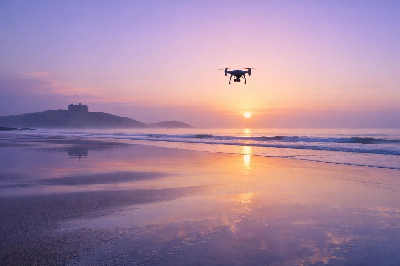 Peaceful drone ash scattering at Fistral Beach, Cornwall during a quiet sunrise memorial ceremony.