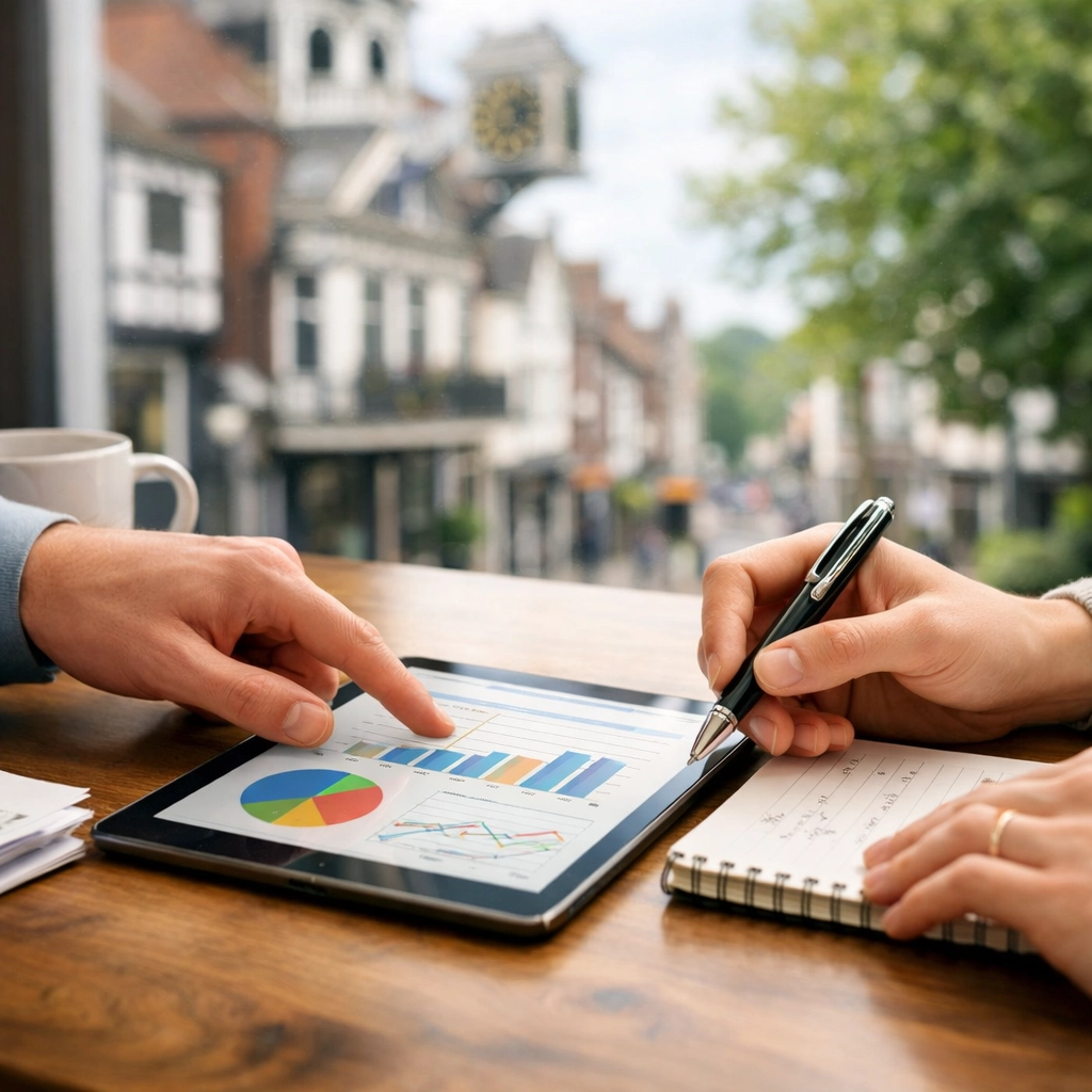 Mortgage broker Guildford showing interest rate charts to a client during a remortgage consultation.