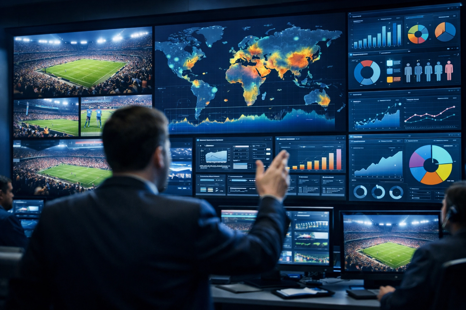 Media command center showing integrated sports advertising analytics and live broadcast monitoring for Dakdan.
