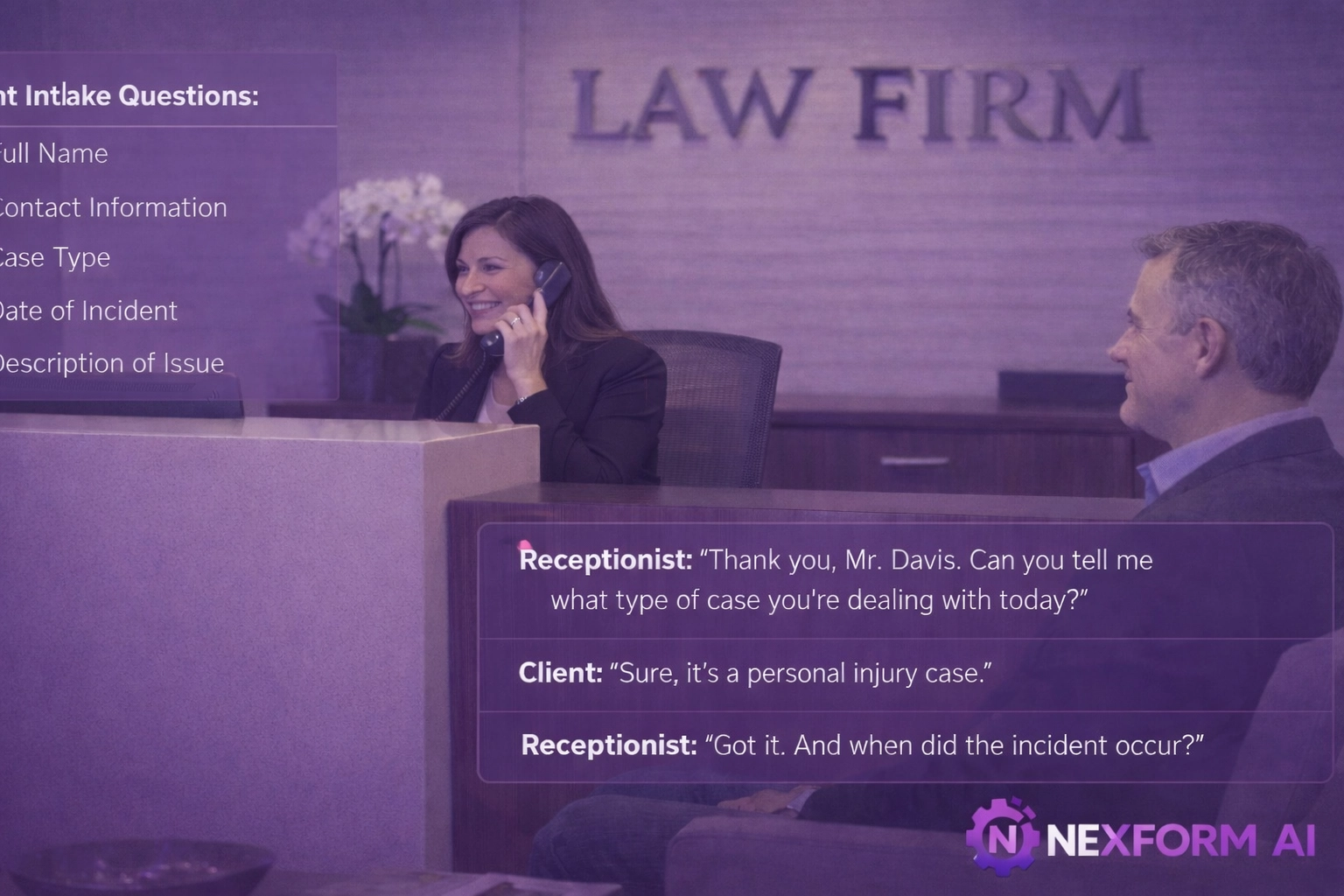 Modern law firm reception showing a digital tablet used for automated AI client intake and screening.