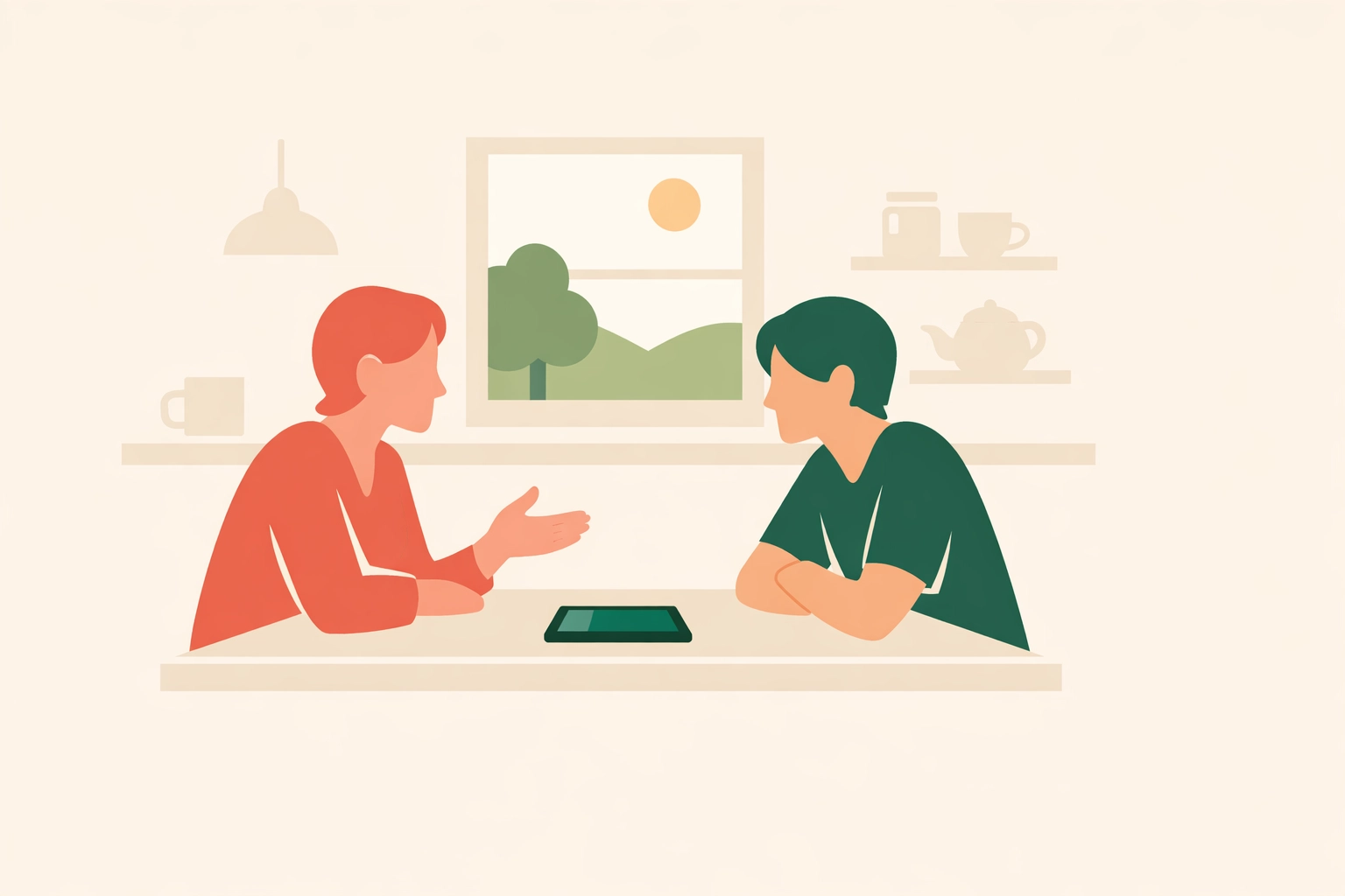 Parent and teenager having open conversation about digital safety with device on table