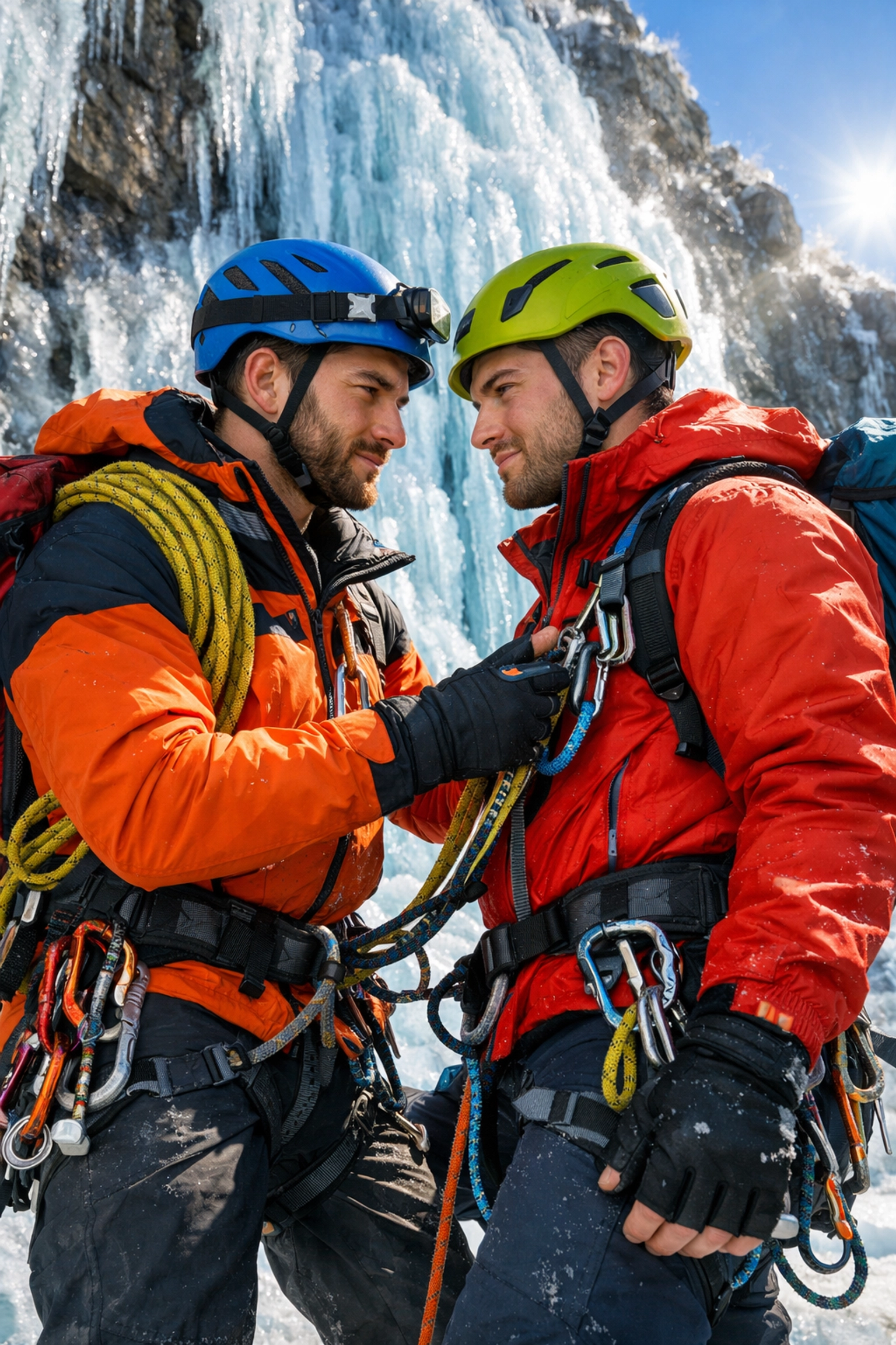 Two gay men checking safety gear at a frozen waterfall during an LGBTQ+ ice climbing trip.