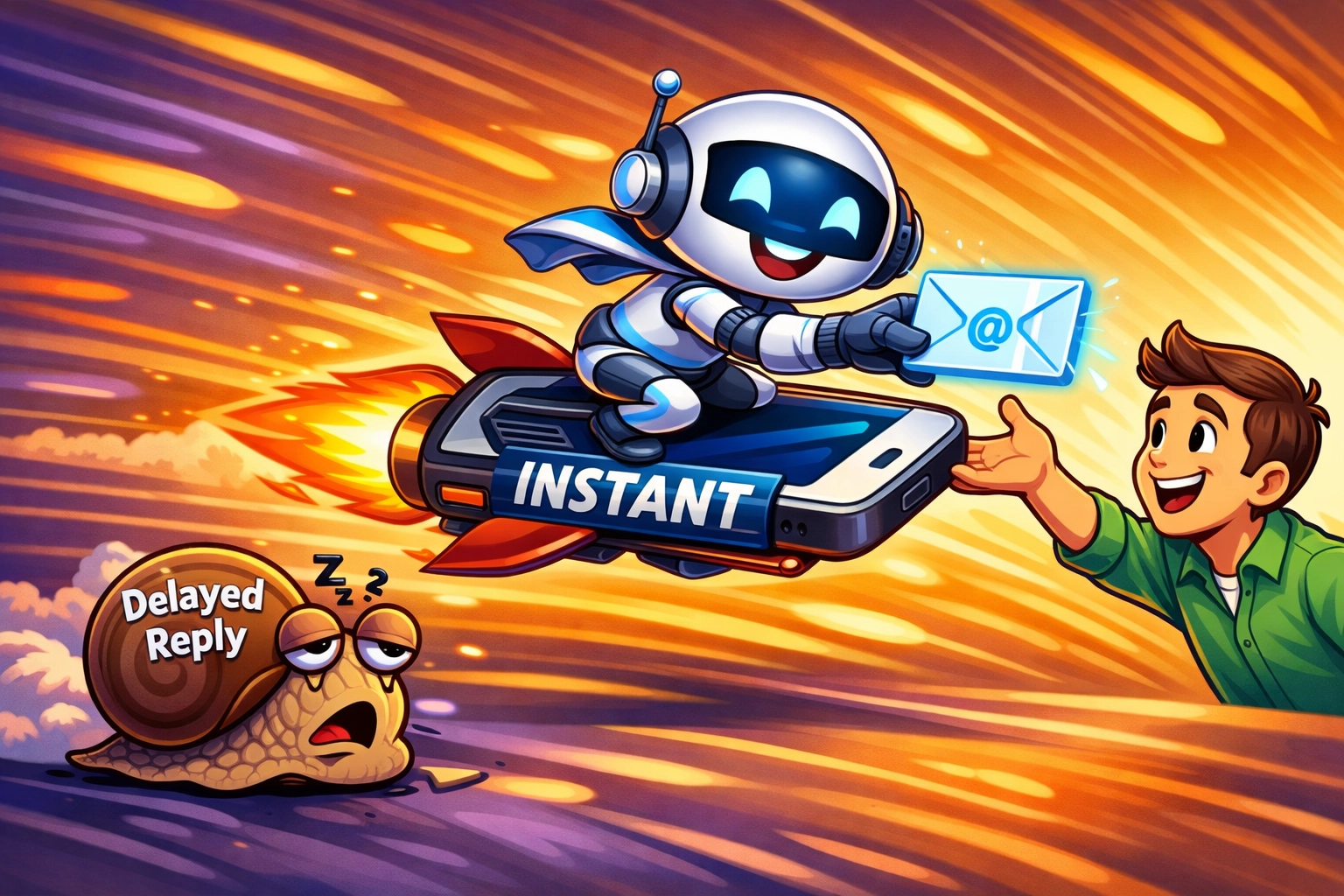 Fast enquiry response illustration showing a digital receptionist delivering instant messages.