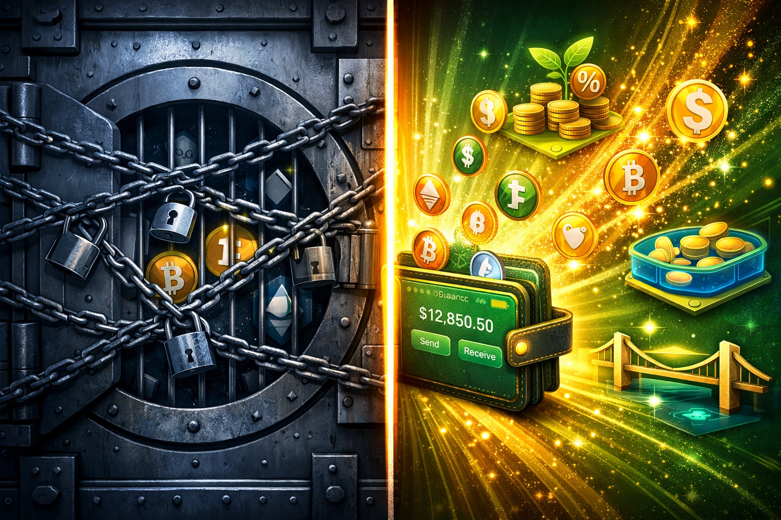 Custodial vs self-custody crypto payments: locked vault compared to open wallet with DeFi access