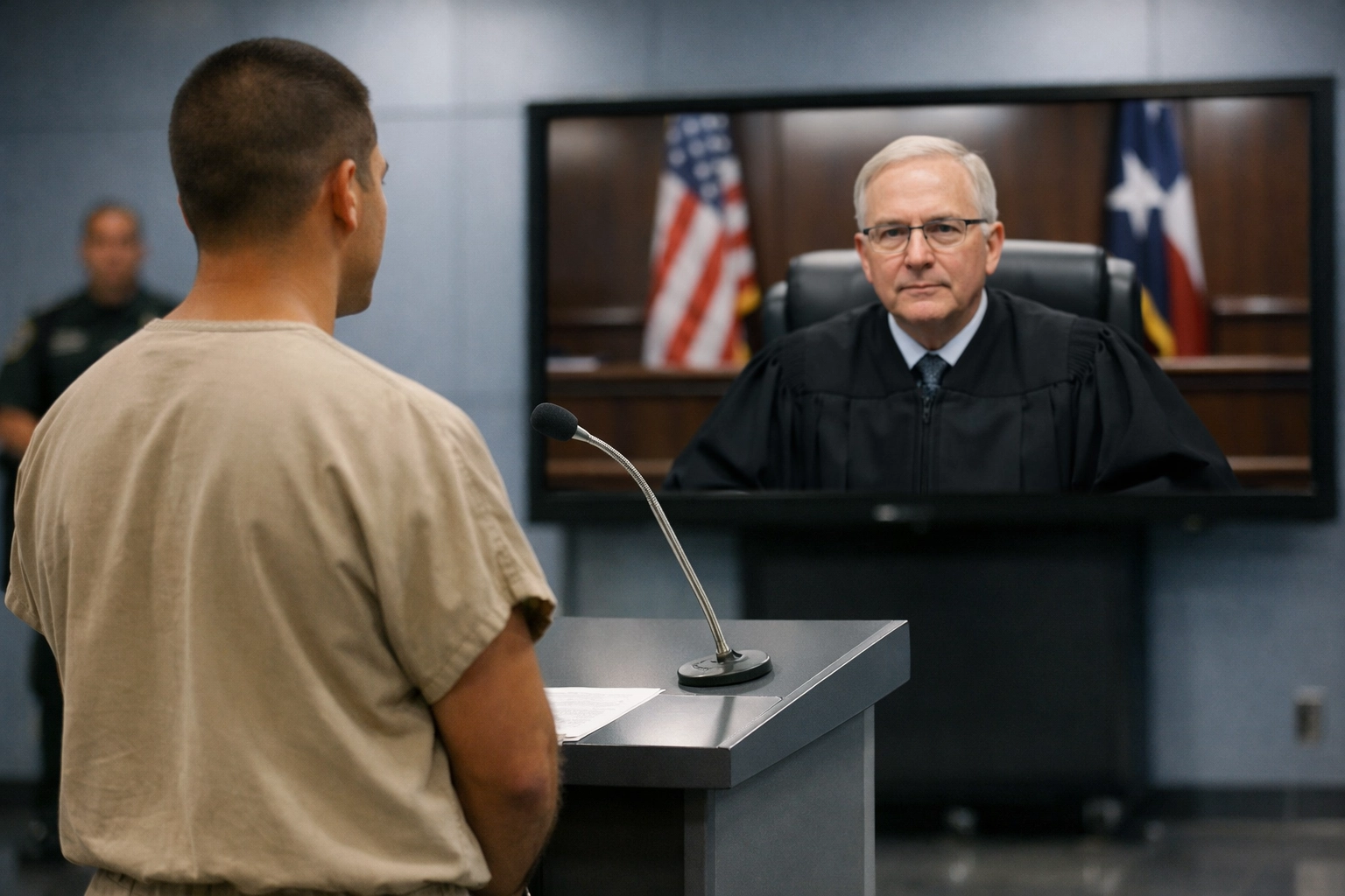Magistration hearing at Harris County Joint Processing Center via video link with a judge.