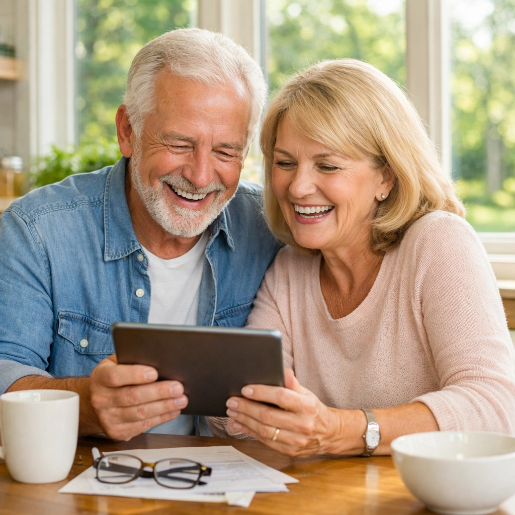 Retired couple in Minnesota relaxing and reviewing Medigap plan options at home.