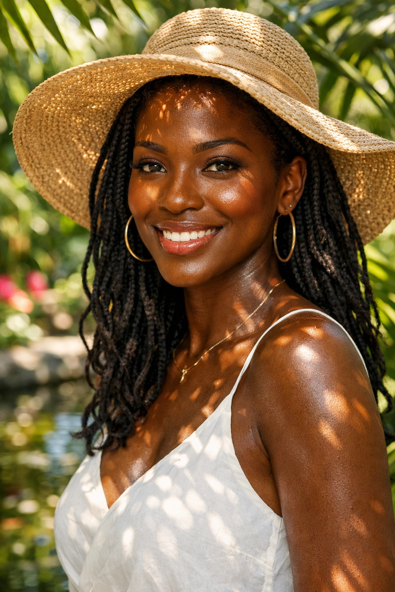 Black woman enjoying the sun wearing sunscreen for dark skin with no white cast.