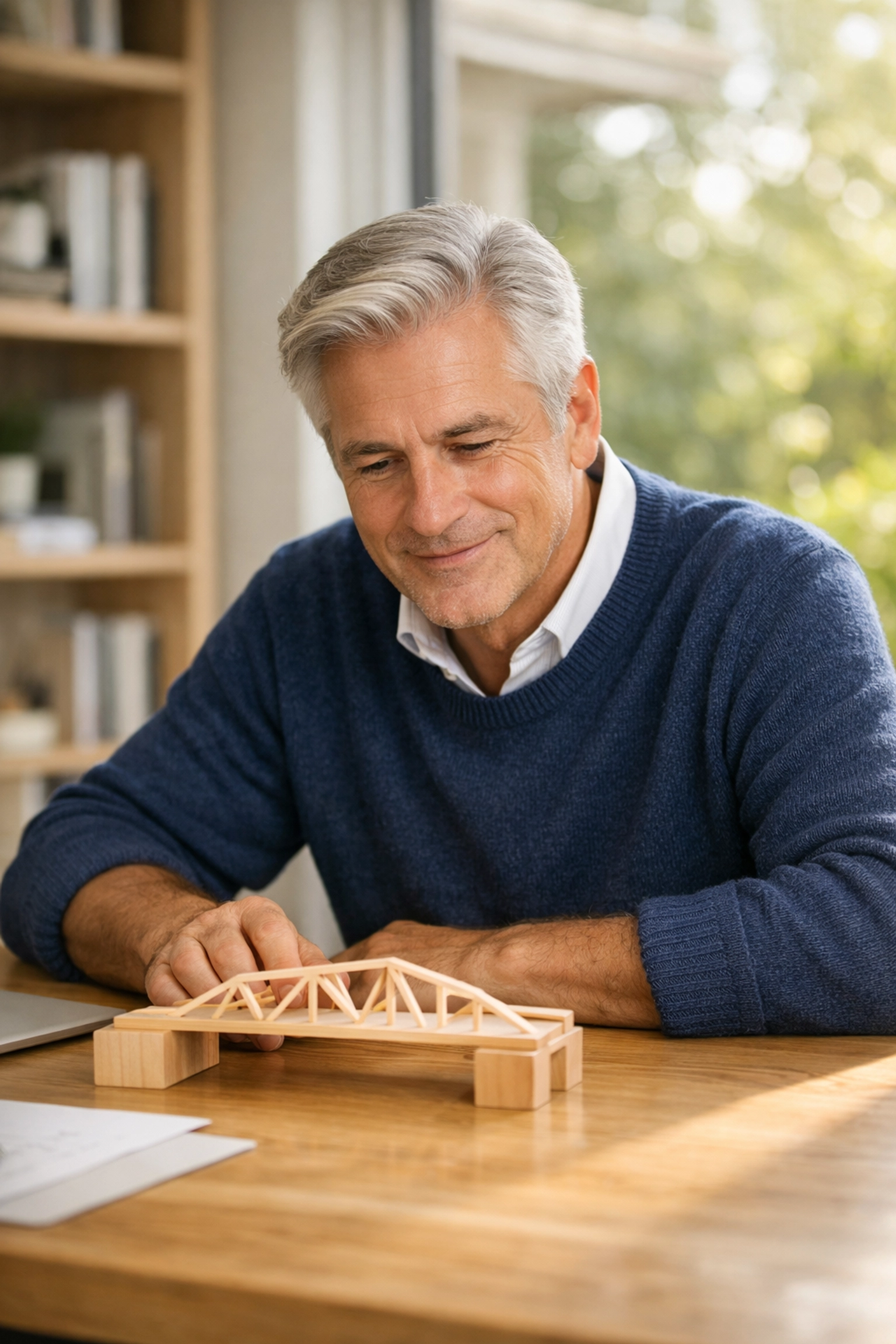A man reviewing a bridge model representing engineered certainty in retirement income planning.