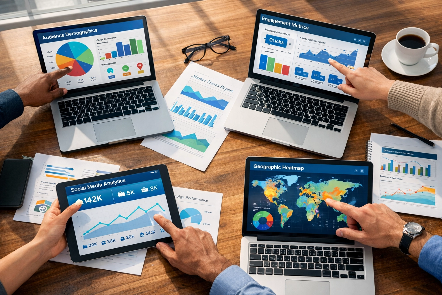 Marketing team analyzing cross-industry audience data and engagement metrics for advertising campaigns