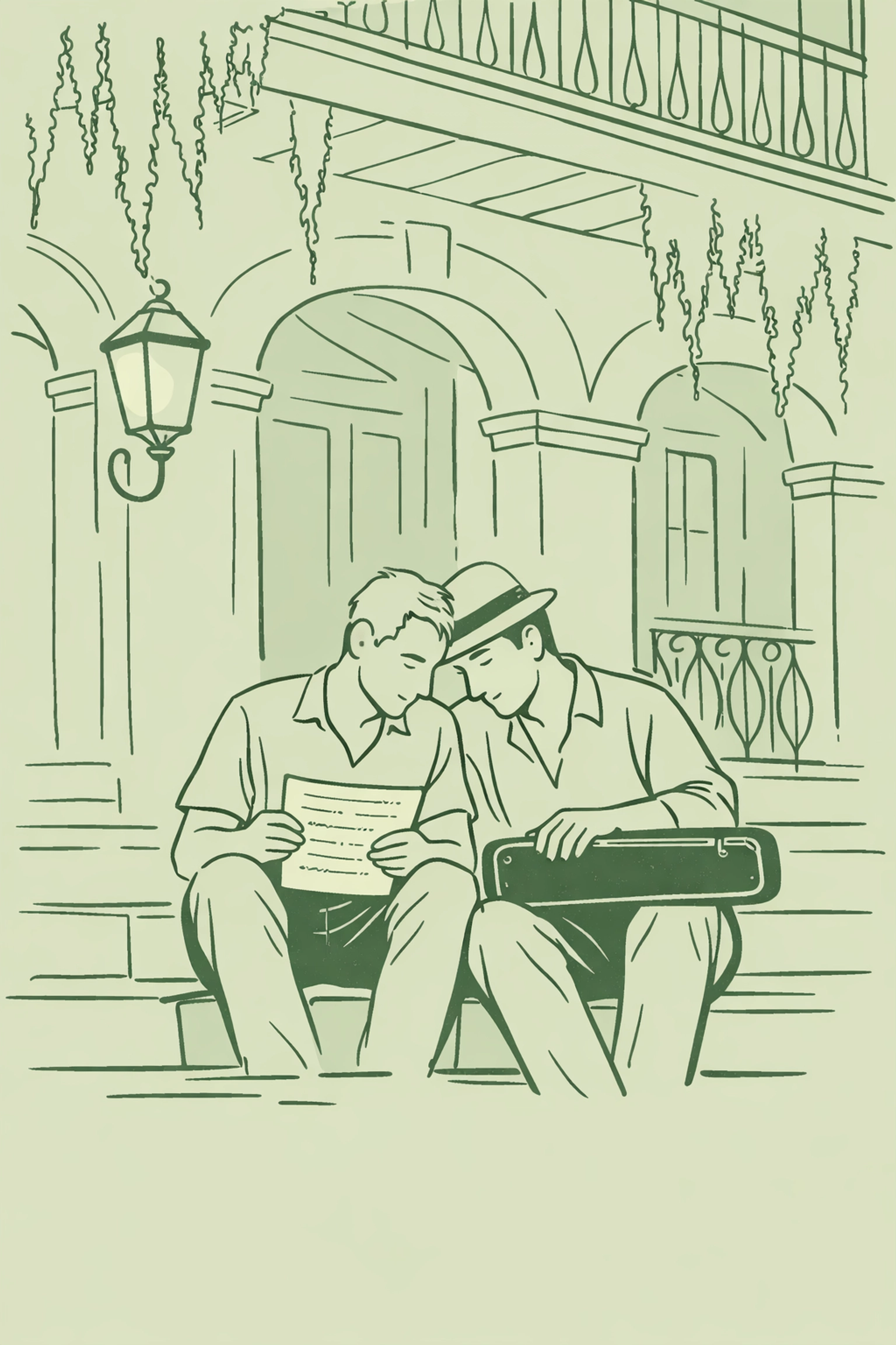 Two men with sheet music and trumpet on New Orleans steps - emotional gay fiction scene