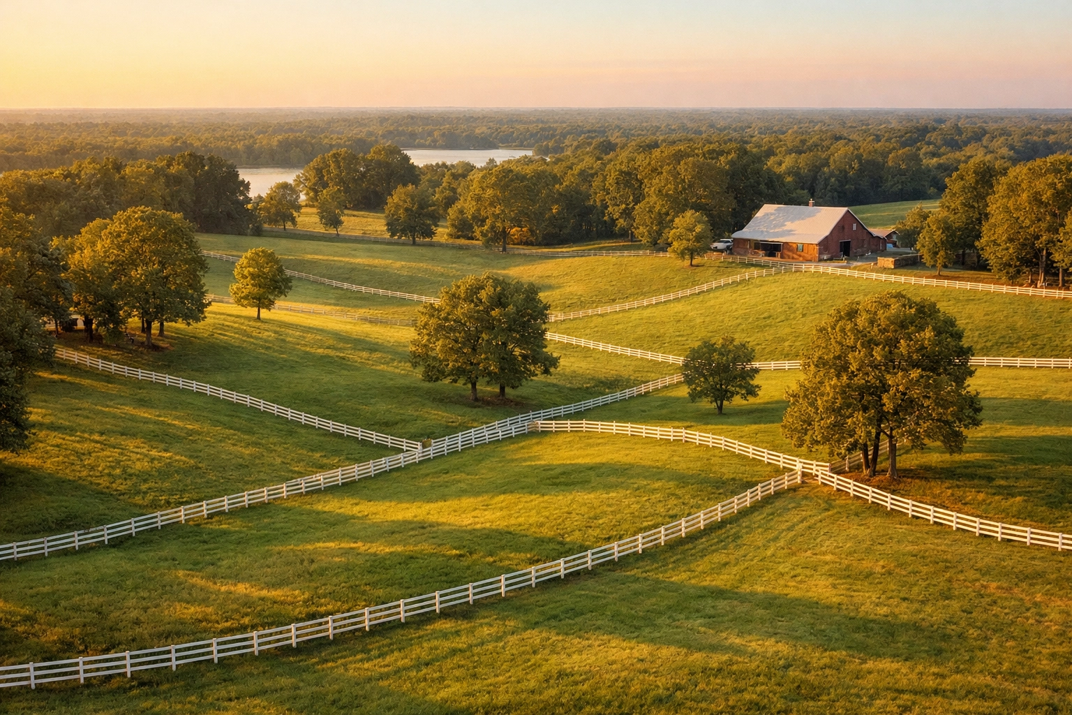 Rolling pastures and mature trees on Davidson NC horse farm with white board fencing