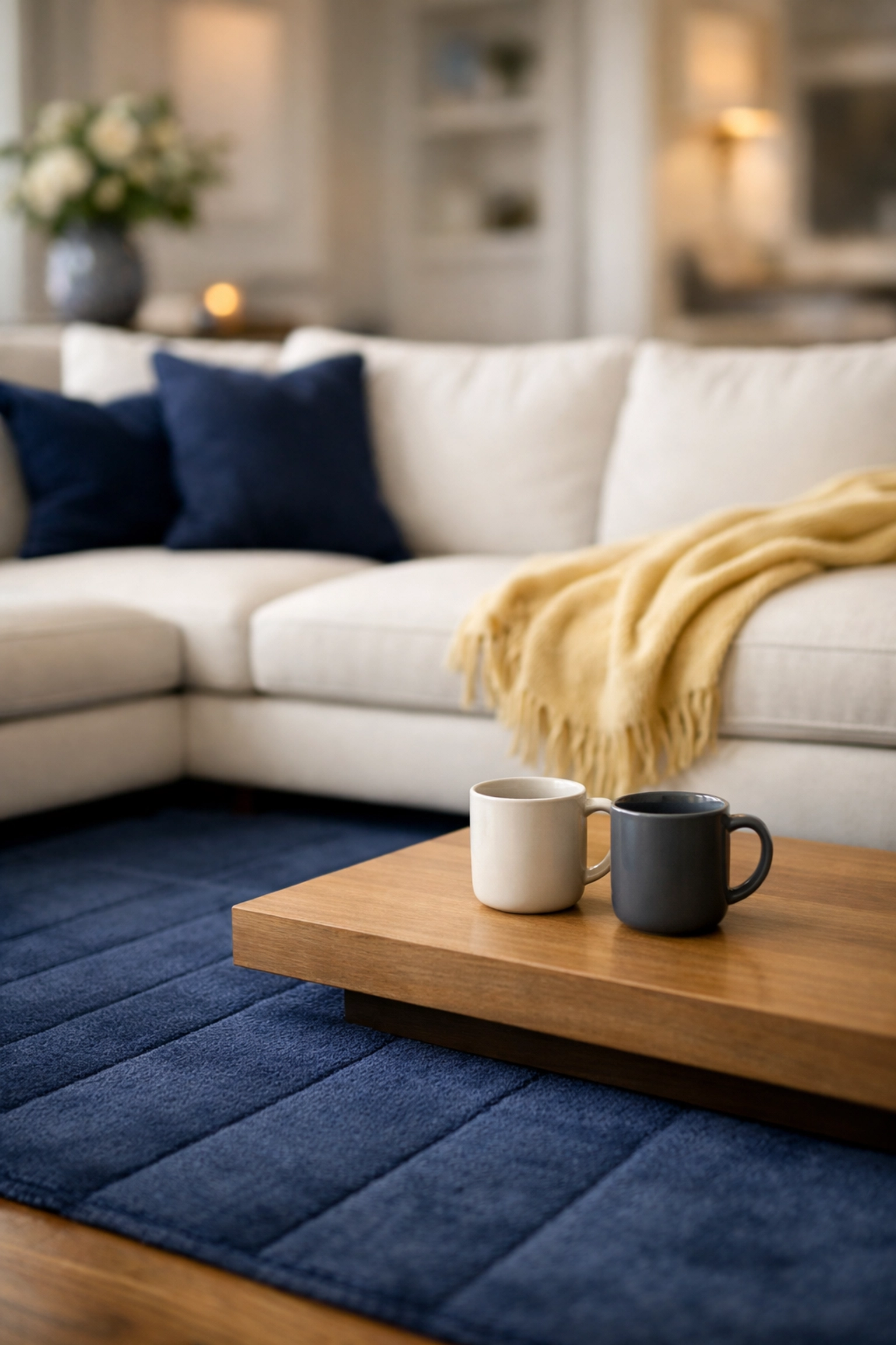 A clean, organized living room with freshly vacuumed rugs helping parents relax together.