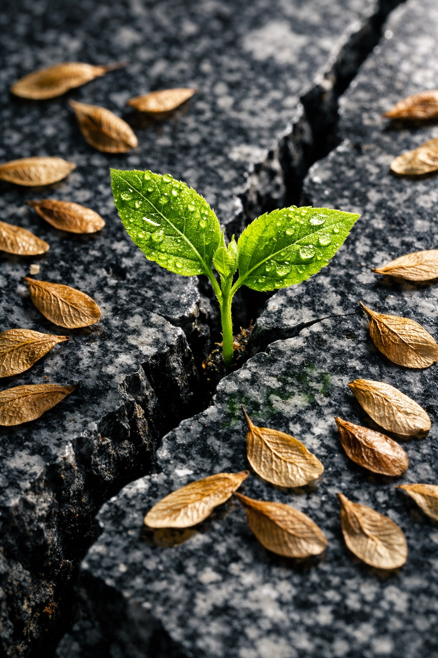 A green sapling growing through granite, symbolizing resilient startups surviving the Series A paradox.