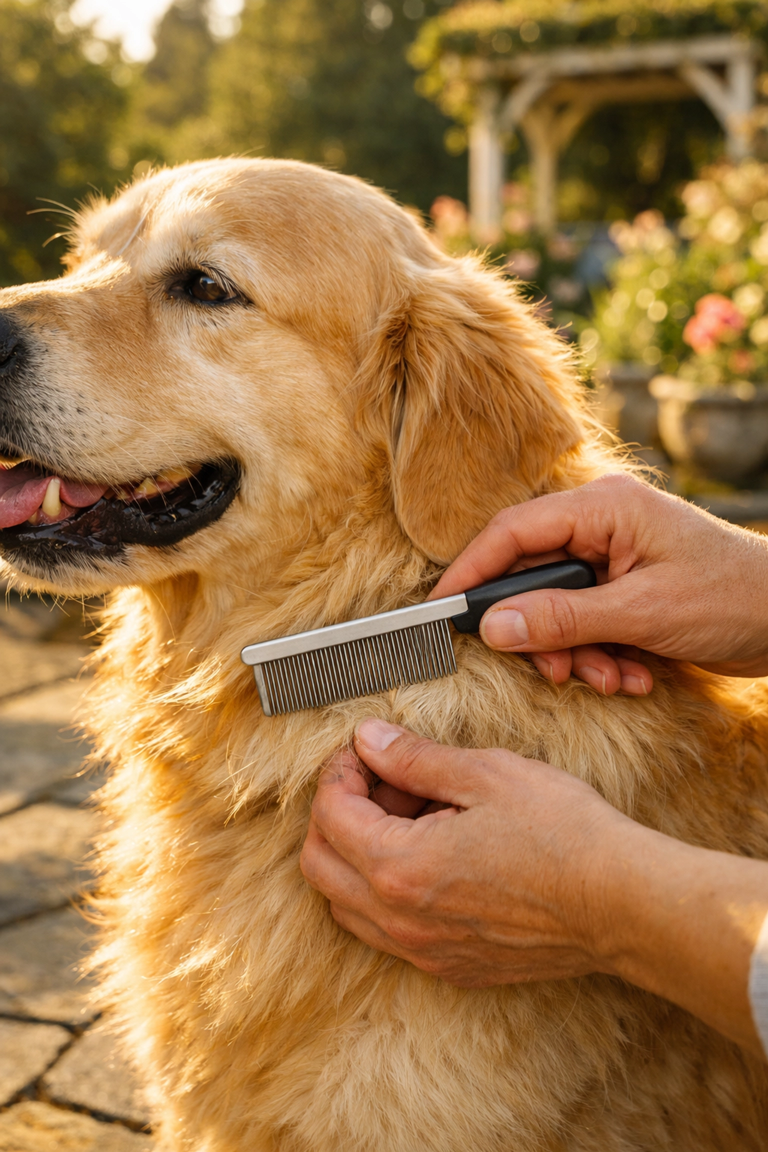 Homeowner checking a Golden Retriever for ticks to ensure family safety in Westchester.