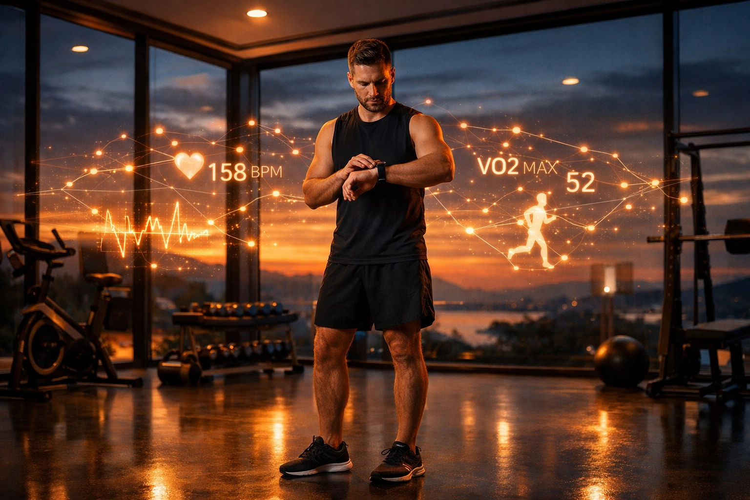 Hybrid athlete monitoring real-time health data and AI coaching metrics in a gym setting.