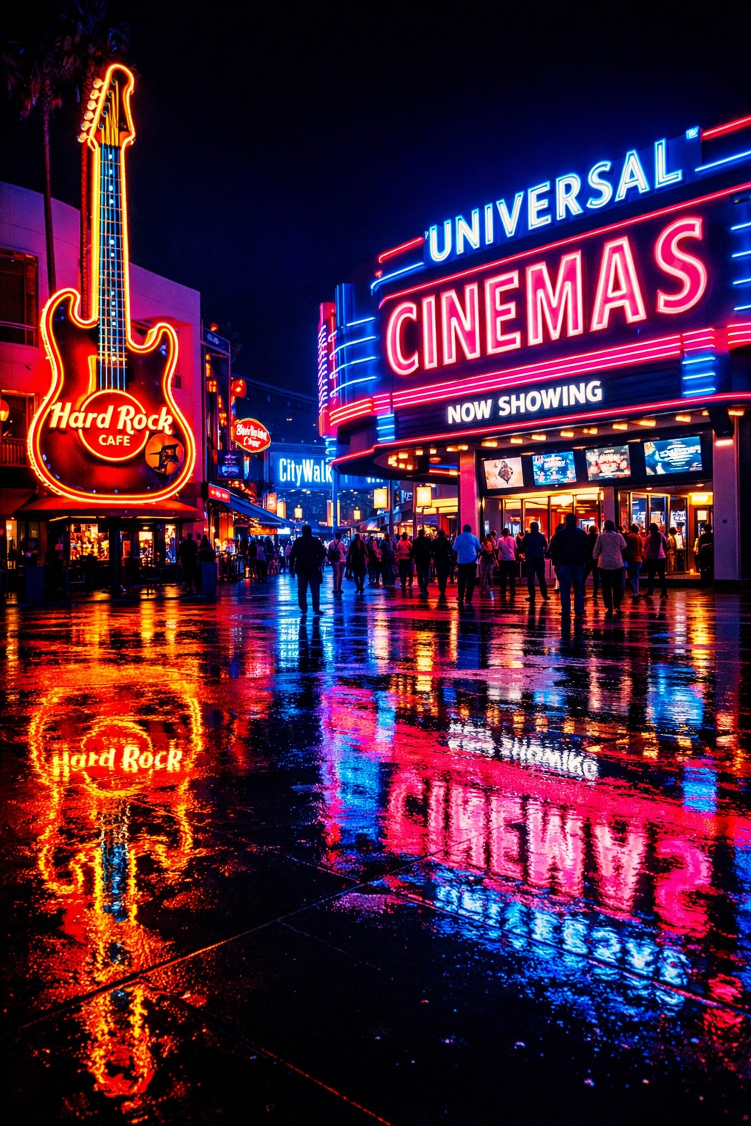 Vibrant neon signs at Universal CityWalk at night, offering unique photo spots for creative street photography.