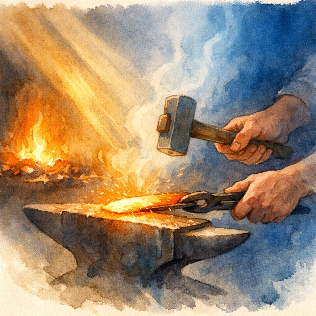 Blacksmith hands shaping metal at a glowing forge symbolizing spiritual transformation and growth