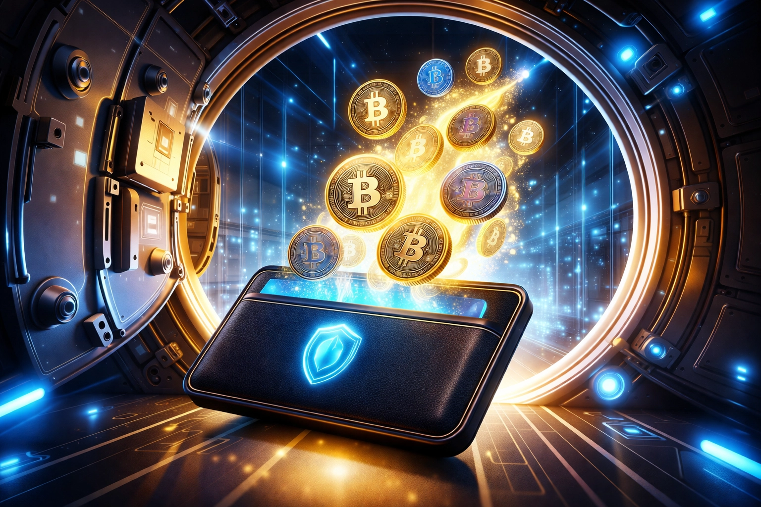 A digital vault opens to reveal cryptocurrency coins transferring instantly into a secure wallet, highlighting self-custody and merchant control in crypto POS systems.