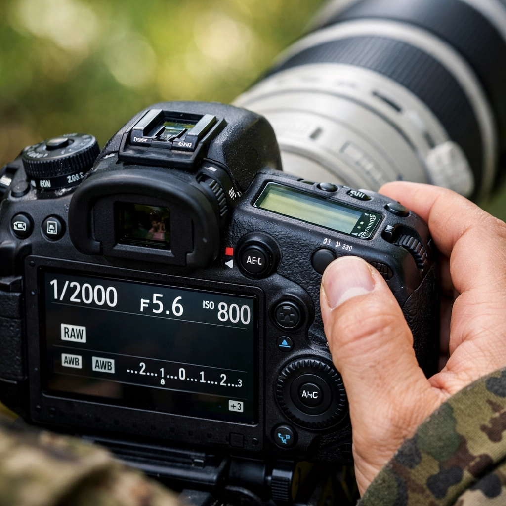 Photographer adjusting DSLR camera settings for wildlife stock photography