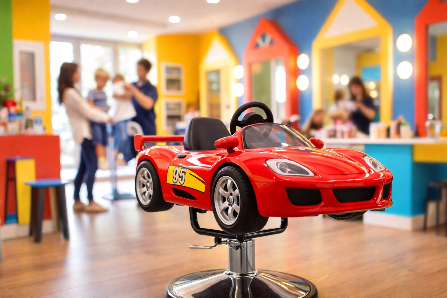 Bright children's salon interior with a red race car barber chair and colorful decor, perfect for families seeking a fun haircut experience