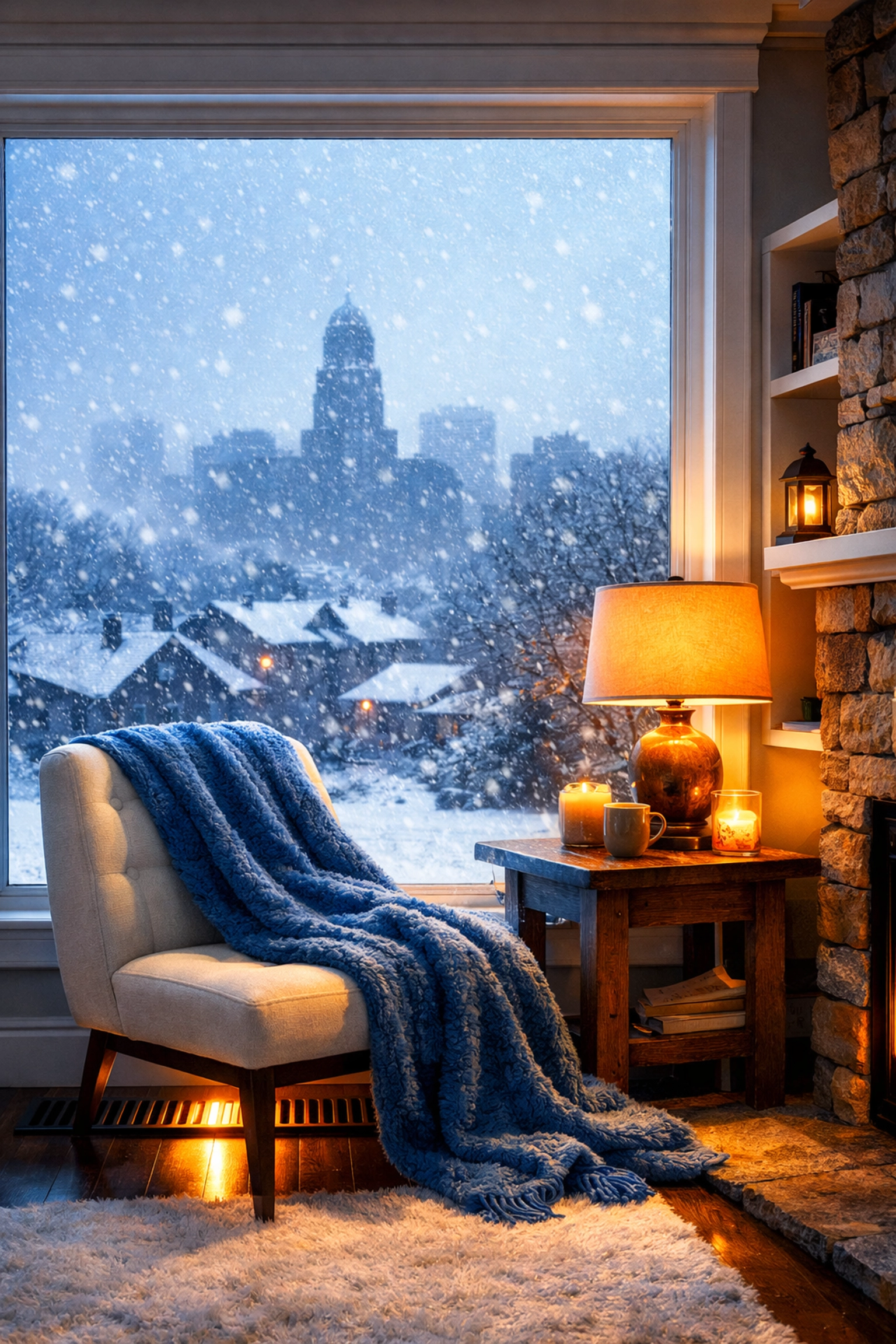A cozy Western New York living room staying warm and comfortable during a winter snowstorm.
