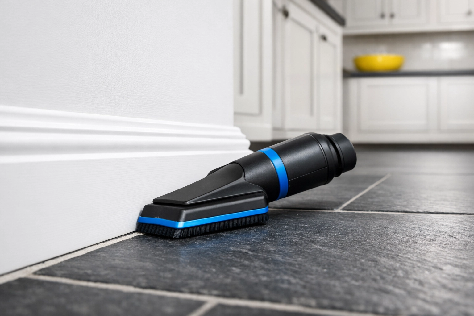 Professional house cleaning removing pet hair and dust from white baseboards in a Shrewsbury home.