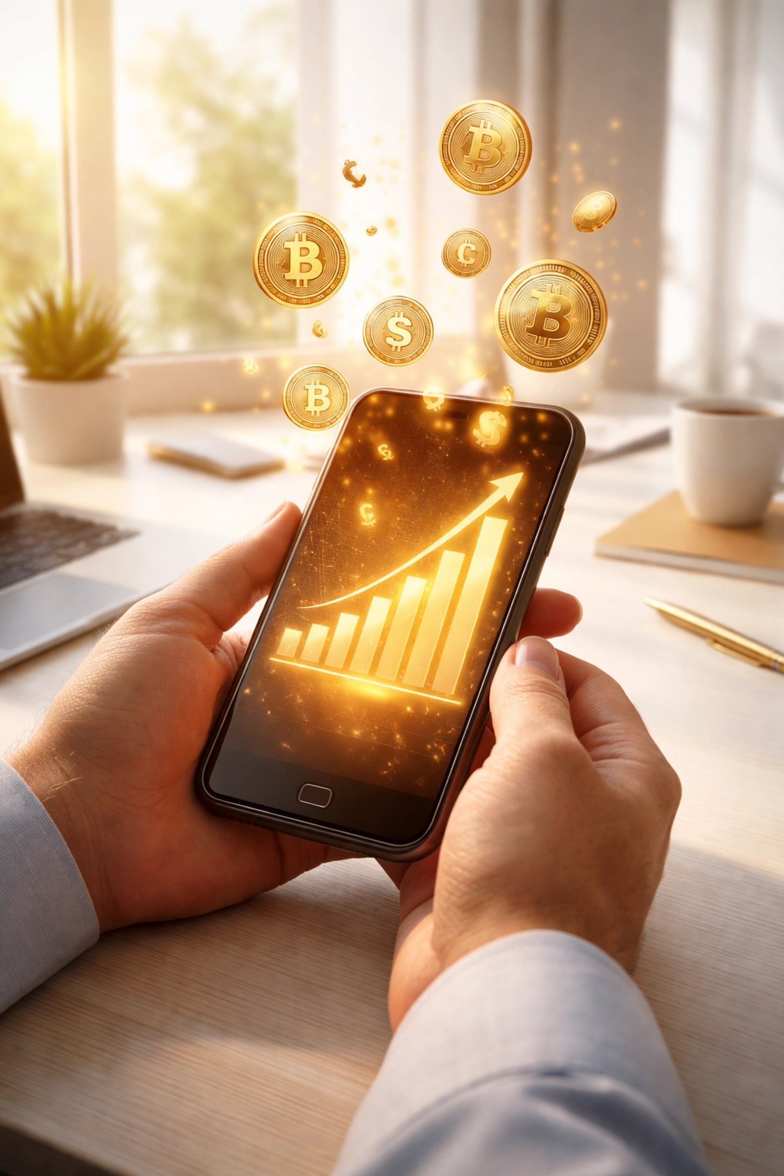 Merchant holding a smartphone with rising graph and digital coins, representing stablecoin payments and financial growth