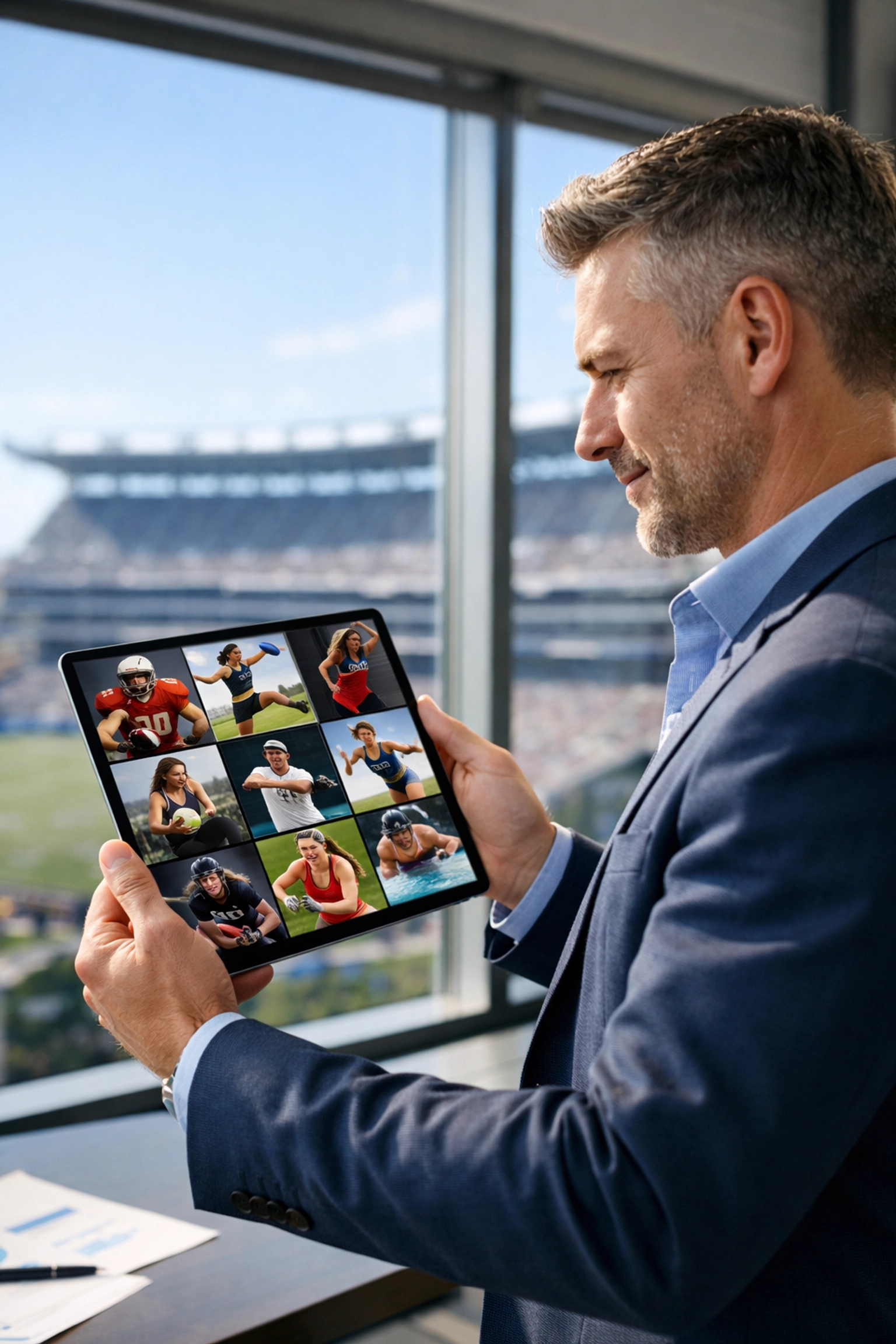 Marketing executive using an NIL platform to manage student-athlete partnerships for a Super Bowl strategy.