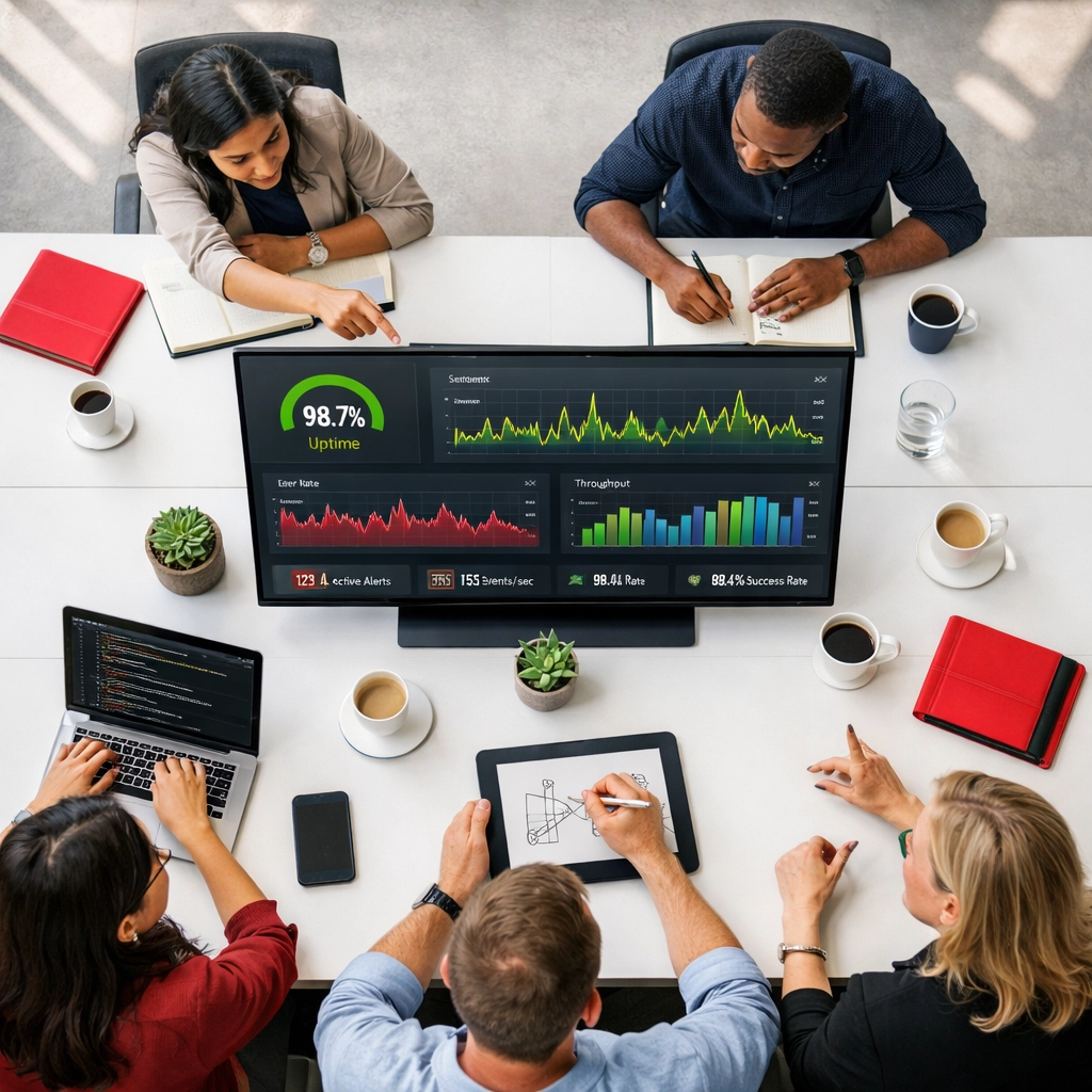 Product engineering team conducting delivery governance review with observability metrics and dashboards