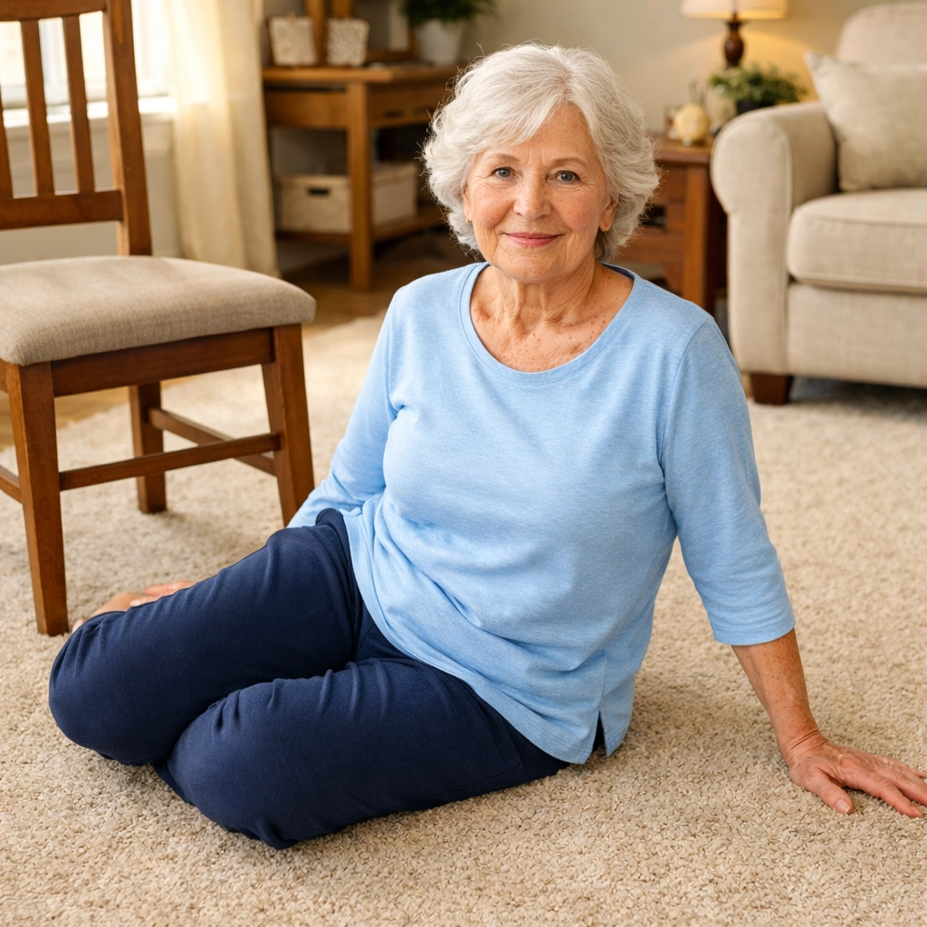 Senior woman demonstrating side-sitting position during fall recovery technique