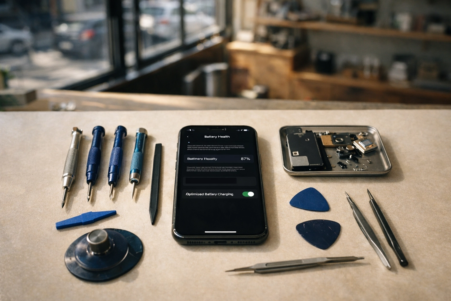 iPhone battery health check with professional repair tools at Brooklyn shop